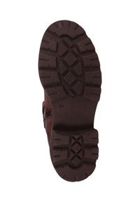 Brązowa podeszwa gumowego buta ma teksturowany bieżnik z wzorzystą powierzchnią, zaokrąglonym kształtem oraz oznaczeniem rozmiaru 36 na boku.