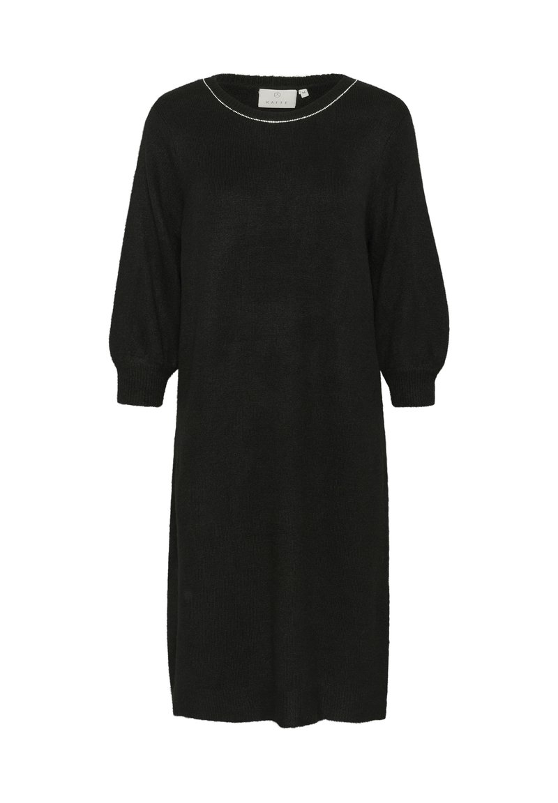 Black knitted dress with a loose fit, round neckline, and three-quarter balloon sleeves. Features a subtle white accent at the neckline.