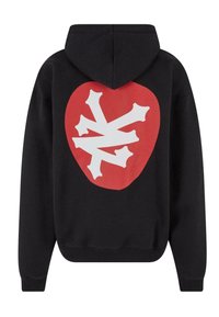 Schwarzer Hoodie mit einem großen roten Herz-Graphic, das weiße Knochensilhouetten zeigt. Verfügt über eine Kängurutasche und gerippte Bündchen. Aus weichem Baumwollmaterial.