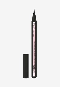Stylo eyeliner noir avec un embout en pinceau. Forme cylindrique, avec un embout flexible pour plus de précision. Étiquette en rose et noir sur le côté.