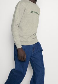 Felpa grigia a manica lunga con il testo "slow down" in verde, abbinata a jeans blu larghi, che mettono in mostra un look casual.