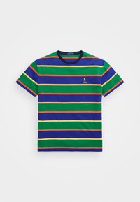 Pruhované tričko s modrými, zelenými, žlutými a červenými vodorovnými pruhy. Bavlněný materiál s žebrovaným okrouhlým výstřihem a logem.