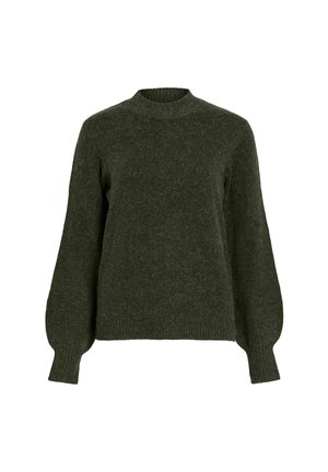 Grüner Wollpullover mit rundem Halsausschnitt, langen Puffärmeln und gerippten Bündchen. Weiche Textur in einfarbig und ohne sichtbare Muster.
