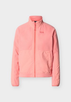 Jachetă de fleece roz cu guler înalt, fermoar frontal, buzunare laterale și logo "HH" pe pieptul stâng, pe un fundal simplu.