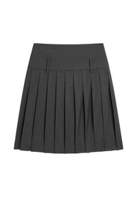 Pleated gray skirt made of textured fabric, featuring a flat waistband with two front tabs and multiple vertical pleats for added volume.