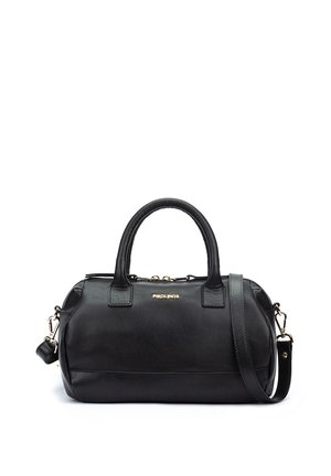 Sac à main en cuir noir avec deux poignées, bandoulière amovible, fermeture éclair dorée et petit logo de marque doré centré à l'avant.