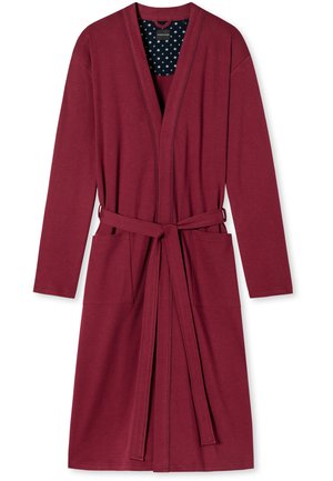 Bordeauxfarbener Bademantel aus weichem Stoff, mit V-Ausschnitt, langen Ärmeln, Bindegürtel in der Taille und zwei vorderen Taschen. Das Innenfutter hat ein gemustertes Design.