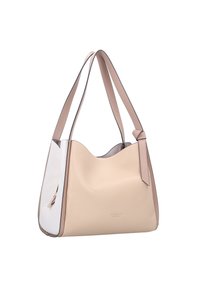 Borsa hobo in pelle beige con texture morbida, lato bianco a contrasto e manici bicolore. Presenta una piccola tasca con cerniera sul lato.