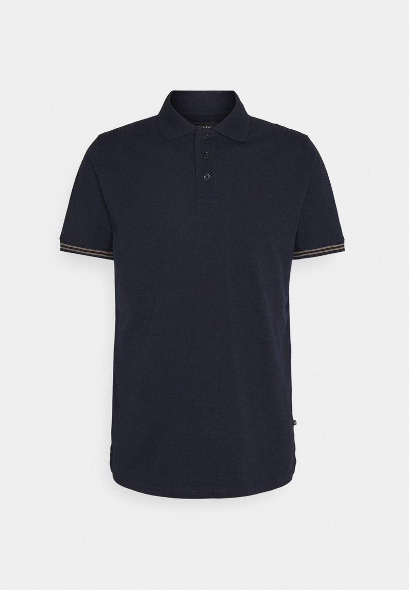 Polo bleu marine à manches courtes avec trois boutons et fines rayures beiges sur les poignets des manches.