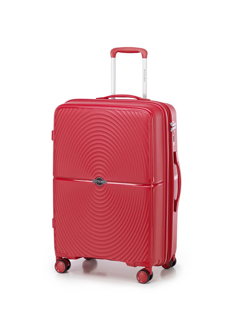Maleta rígida roja con un patrón de olas, ruedas dobles, un asa telescópica y un asa de transporte en la parte superior. Logo de la marca visible en la parte frontal.