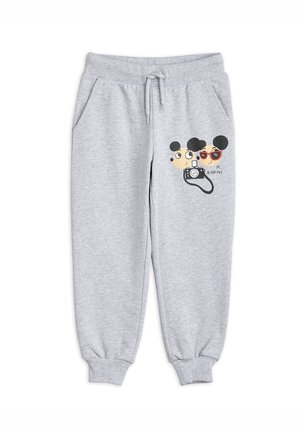 Joggers en coton gris avec une taille élastique et des poignets, présentant un motif imprimé de deux souris de dessin animé portant des lunettes de soleil et tenant un appareil photo.