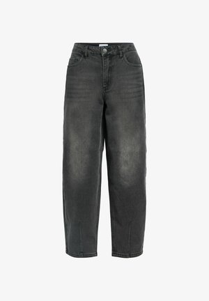 Jean en denim noir avec une coupe ample, dotés de poches avant, d'une fermeture à boutons, de décolorations subtiles et de détails de couture le long des coutures.