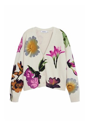 Floral cardigan i cremet strik med store, flerfarvede blomsterprint, V-hals og knaplukninger, samt ribbede manchetter og kant.