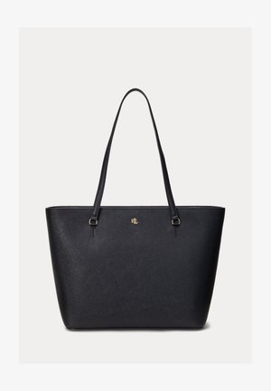 Fekete, texturált bőr tote táska két vállpánttal és egy kis aranyszínű RLL logóval, amely a tetején középen helyezkedik el.