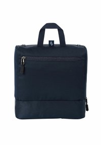 Sac rectangulaire bleu marine avec une poignée supérieure, poche zippée à l'avant et tissu texturé. Plusieurs coutures ajoutent de la structure et de la durabilité.