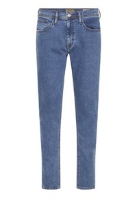 Jeans in denim blu con vestibilità slim, dotati di cinque tasche, cuciture a contrasto e chiusura a bottoni. Il tessuto presenta una leggera texture.
