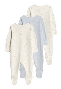 Tre pigiami da neonato a maniche lunghe in crema con piccoli animali e impronte di zampa, e righe blu e bianche, sovrapposti verticalmente.
