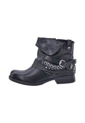 Black ankle boots with a textured upper, fold-over design, decorative silver stars on a strap, and a low block heel.