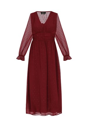Burgundi pikkade varrukatega kleit V-kaelusega, elastse vöökohtadega ja läbipaistva kangaga, millel on täpiline muster. Volangkuv varrukate ääristavad kaelused.