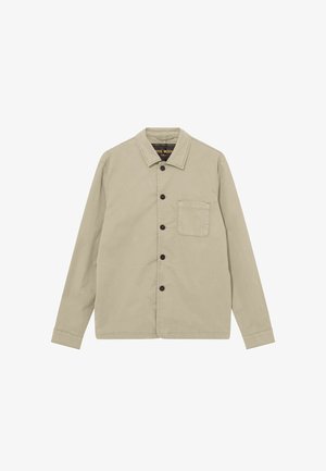 Beež värvusega pika varrukaga nööpidega särk kraega ja ühe rinnataskuga, valmistatud kerge kangaga.