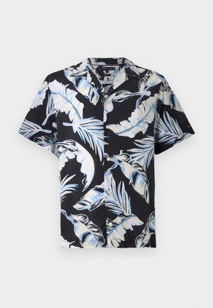 Lyhythihainen nappipaita mustassa kankaassa, jossa on valkoisia ja vaaleansinisiä trooppisia lehtikuvioita. Ominaisuuksiin kuuluu rento kaulus ja etunapit.