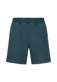 Shorts taille élastique bleu sarcelle foncé avec une texture lisse et un ourlet droit, vus de face sur fond blanc.