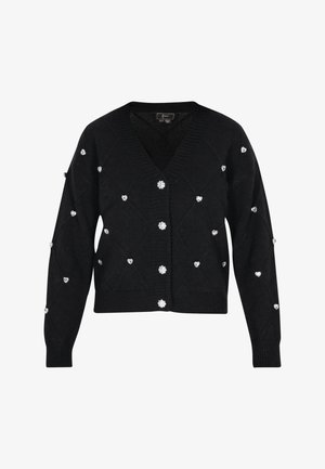 Schwarze Strickjacke mit V-Ausschnitt und Rautenmuster. Verziert mit silbernen Herz- und blumenförmigen Nieten. Rippbündchen.