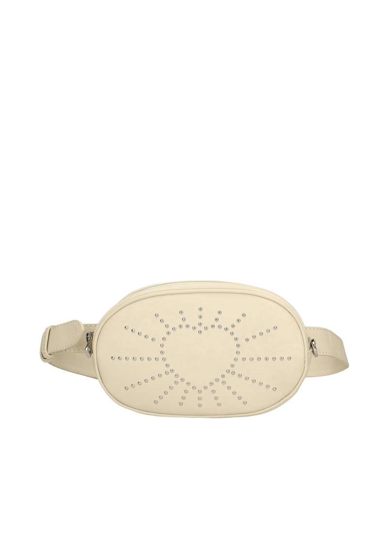 Marsupio in pelle beige con design a raggi di sole borchiato, forma ovale, tracolla regolabile e chiusura con zip. Superficie testurizzata con dettagli lucidi.