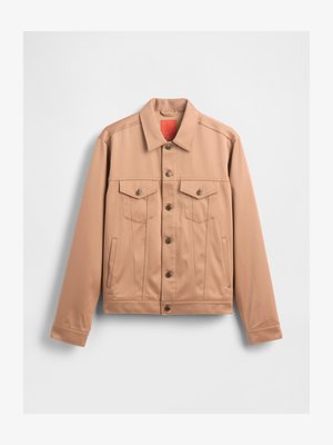 Beige denimjack met een gestructureerde afwerking, voorzien van een kraag, twee borstzakken en een knoopsluiting aan de voorkant. Casual design.