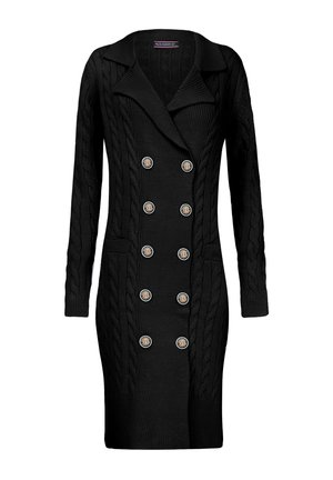 Black knitted cardigan dress with a cable pattern, double-breasted design, oversized collar, and large decorative buttons.