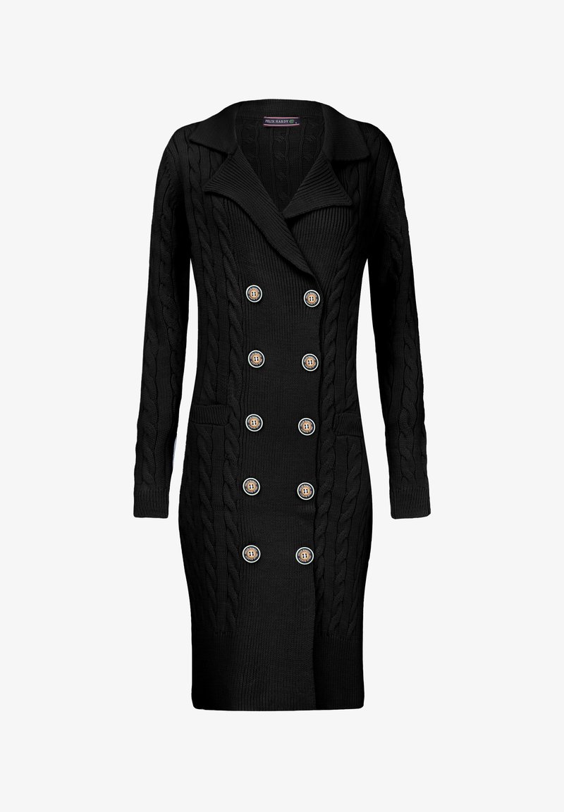 Schwarzes gestricktes Cardigan-Kleid mit einem Zopfmuster, doppelreihigem Design, oversized Kragen und großen dekorativen Knöpfen.