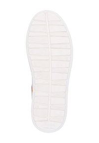 Weißer Gummi-Schuhsohle mit strukturierten horizontalen und vertikalen Rillen, mit eingestanztem Logo und Größenangabe.