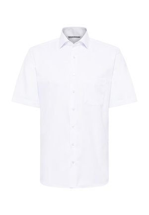 Kurzärmliges weißes Hemd aus einem glatten Stoff, mit durchgängiger Knopfleiste und einer einzelnen Brusttasche.
