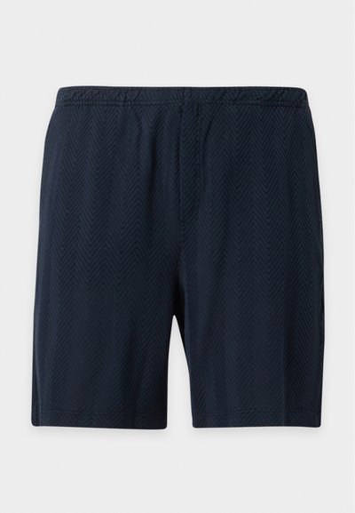 Short bleu marine avec taille élastique et motif chevron subtil, présenté à plat sur un fond clair.