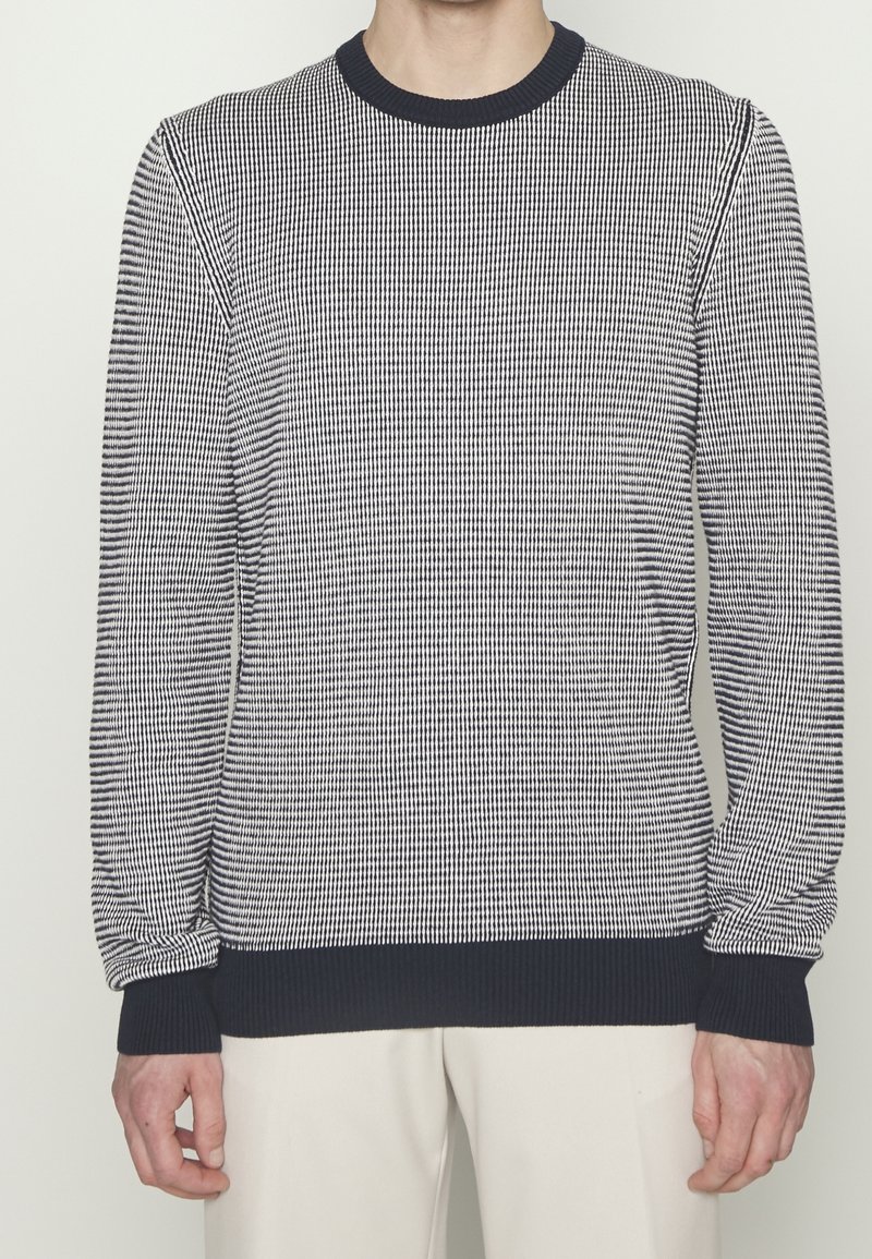 Homme portant un pull à manches longues à motif pied-de-poule bleu marine et blanc avec poignets, col et ourlet bleu marine, associé à un pantalon de couleur claire.