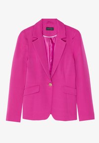 Blazer fuchsia avec épaules structurées, fermeture à un bouton, deux poches avant et intérieur doublé en satin. Confectionné en tissu lisse.