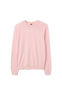Helles rosa Sweater, weiche Textur, Rundhalsausschnitt, lange Raglanärmel, gerippte Bündchen und Saum, nahtloses Design, leichtes Strickgewebe.