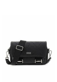 Borsa a tracolla in pelle nera con logo in rilievo, tracolla regolabile, dettagli in metallo argentato e chiusure frontali con fibbie.