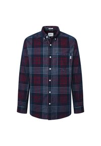 Camicia con bottoni caratterizzata da un motivo a quadri blu navy e rosso, realizzata in un tessuto morbido, dotata di taschino sul petto e colletto strutturato.