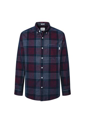 Camisa de botón con un patrón a cuadros en azul marino y rojo, fabricada con una tela suave, con un bolsillo en el pecho y un cuello estructurado.
