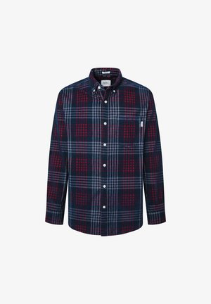 Košile na knoflíky s námořnickou a červenou kostkovanou vzorem, vyrobená z jemné látky, s náprsní kapsou a strukturovaným límcem.