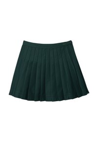 Jupe plissée verte en tissu à texture lisse. Elle présente une ceinture et des détails de couture subtils. Design décontracté et polyvalent.