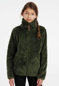 Grüne Fleecejacke mit hohem Kragen, Reißverschluss vorne und weicher Textur. Verfügt über Seitentaschen und ein Logodesign nahe dem Saum.
