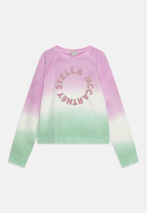 Kleurblok sweatshirt met een verloop van roze naar groen, met een rond logo in het midden en ribgebreide mouwen en onderrand. Zachte stofstructuur.