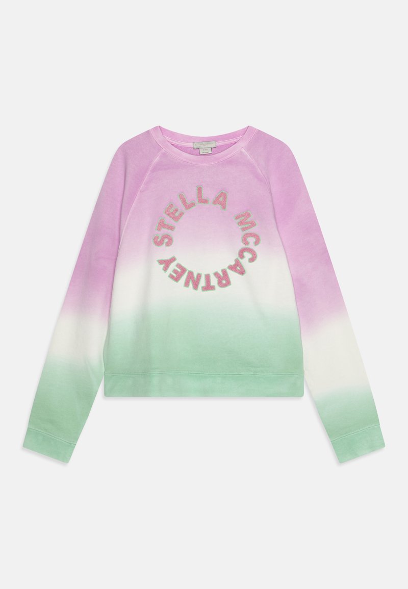Sweatshirt color block con una sfumatura da rosa a verde, logo rotondo al centro e polsini e orlo a costine. Texture del tessuto morbida.