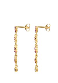Guldøreringe med et vertikalt design, der har skiftevis rosa og hvide sten, teksturerede led og en sikker post-back lukning.