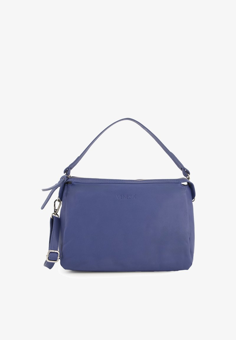 Lilla læderhåndtaske med lynlås i toppen, kort håndtag og aftagelig skulderrem. Glat tekstur, minimalistisk design, brandnavn præget.