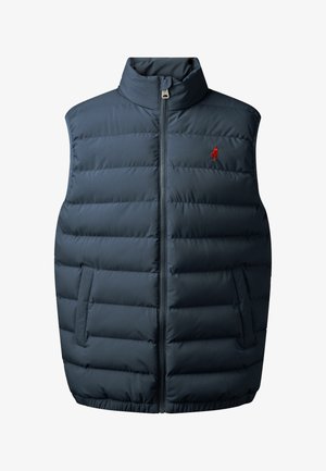 Marineblå quiltet ærmeløs vest med frontlynlås, to sidelommer og lille rød broderet logo på brystet.