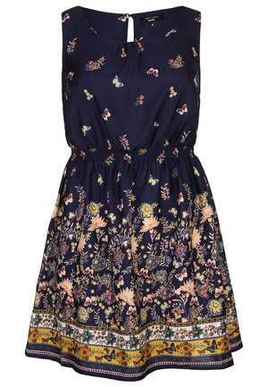 Marineblå ærmeløs kjole med elastisk talje, blomster- og sommerfugleprint, nøglehulsudskæring og mønstret gul, hvid og blå kant forneden.