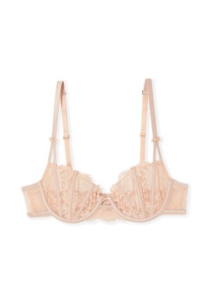 Jasnoróżowy biustonosz z fiszbinami z koronki, z regulowanymi ramiączkami i kwiatowymi wzorami, pokazany na płasko na białym tle.